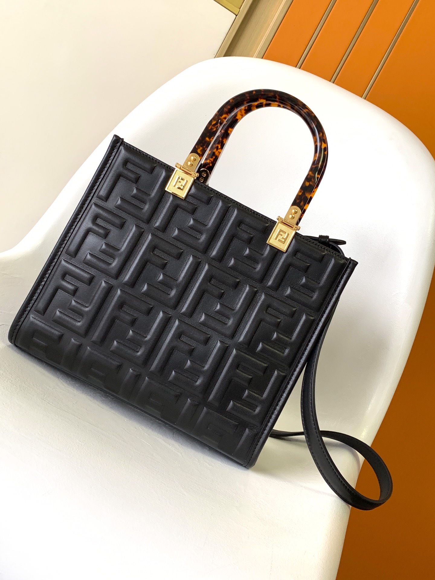 Fendi Small Sunshine Shopper Black Leather Bag with Raised 3D-texture FF Motif